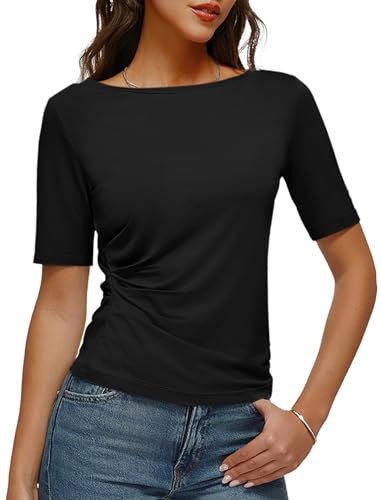 Women's Boat Neck Tops Half Sleeve T-Shirts Ruched Side Fitted Basic Tees Shirts 2025 Casual Summer Clothes
