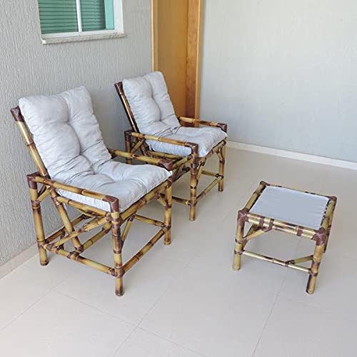 Kit Cadeiras de Bambu 2 Lugares com Almofadas Cinza