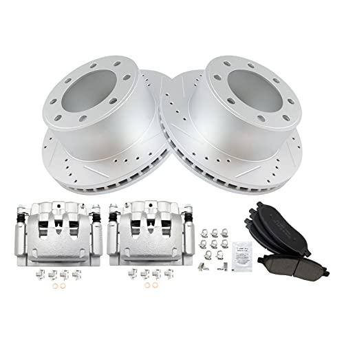 Image of TRQ Rear Performance Brake Pad, Caliper, & Rotor Kit Ceramic Vented Premium G-Coated Compatible with 2006-2007 Ford F-250 Super Duty F-350 Super Duty