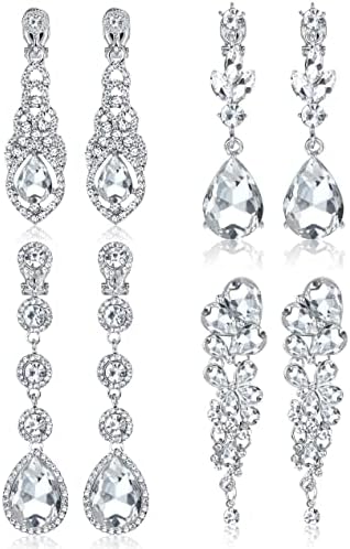 Thunaraz 4 Pairs Elegant Clip on Earrings for Women Crystal Teardrop Wedding Earrings Clip on Rhinestone Formal Chandelier Dangle Earrings for Brides Bridesmaids Non Pierced Jewelry
