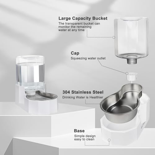 Sfozstra Gravity Water Bowl Dispenser : Automatic 4L White Cat Stainless Steel Feeder Without Filters for Pets Indoor/Outdoor by Owners - Image 4