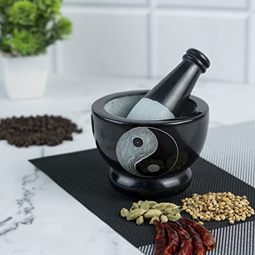 Crocon Black Marble Mortar And Pestle Set With Yin Yang Symbol Hand Grinder Set For Herbs Spices Pastes Pesto Natural Handmade Crusher Stone 4 Inch For Kitchen Essential Best Gift #TOP3