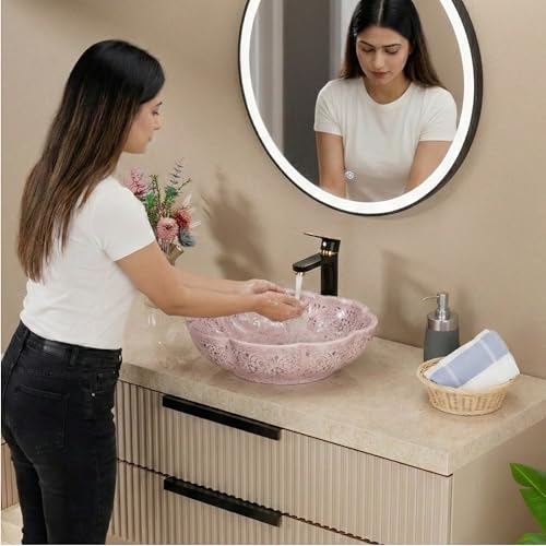 Image of BASSINO 16.5x16.5x5 Inches Designer Moroccan Design Ceramic Tabletop Wash Basin /Matte Pink Floral Art Bowl Sink for Bathroom /Handcrafted Countertop Washbasin for Office /Hotel(Matt)