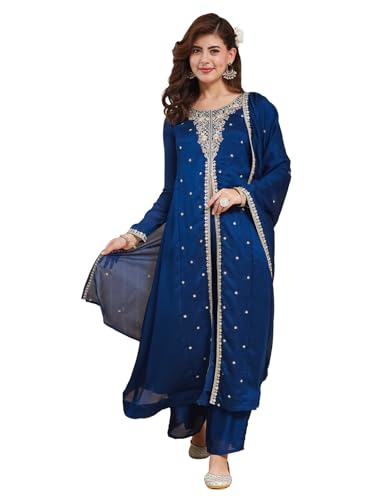 Image of MOKOSH Women's Silk Embroidery Anarkali Kurta Pant with Dupatta | Anarkali Kurta Set | Round Neck Full Sleeve Ethnic Suit | Indian Kurta Outfit with Pant | 3 Piece Outfit