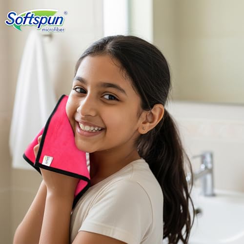 Image of SOFTSPUN Microfiber Baby Hand & Face Wipes 280 GSM 20x30 Cms 4 Piece Towel Set Pink! Super Soft & Comfortable for Newborn Baby and Kids Quick Drying Ultra Absorbent in Small Size.