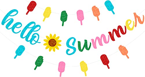 Hello Summer Banner, Colorful Glitter Summer Sunflower Banner, Hello Summer Ice Cream Popsicle Garland, Summer Party Indoor Outdoor Home Mantel Fireplace Hanging Decorations