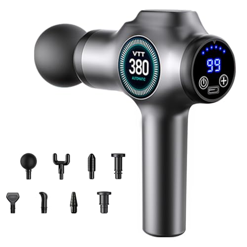 Pistola de Masaje, Muscular Pistola Masajeadora, Masajeadores Eléctricos de Mano con 99 Velocidades, 9 Cabezales de Masaje, Pantalla LCD Táctil Massage Gun de percusión de tejido profundo (gris)