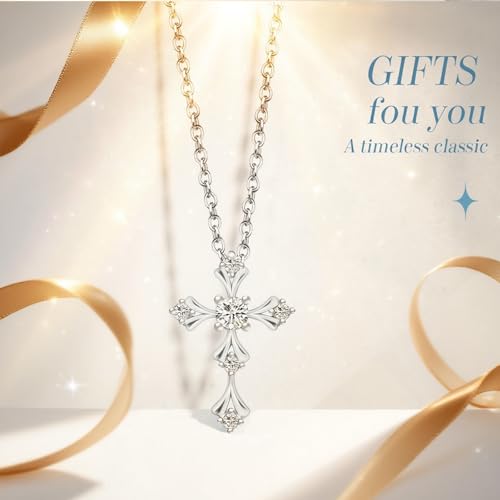Image of URTHEONE Moissanite Cross Necklace for Women, 925 Sterling Silver 14KGold Plated Necklaces with Sparkling Moissanite Pendant, Faith Women's Jewelry, Trendy Gift for Women Mom Friend