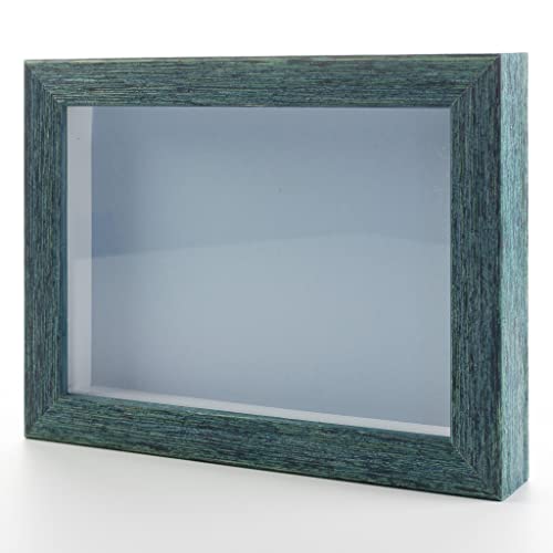 Rustic Blue 5x7 Small Shadow Box Picture Wooden Frame with Blue Acid-Free Backing UV Acrylic & Hanging Hardware - with 3/4