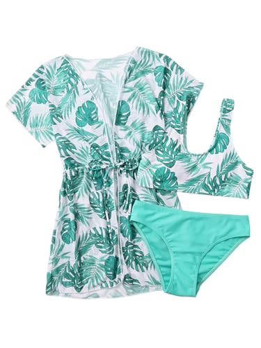 Image of Girl's 3 Piece Bikini Set Tropical Print Bathing Suit Swimwear with Overall Kimono Cover Ups Cyan 160