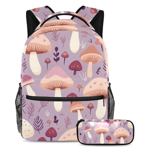 Cartable motif champignon violet avec trousse, lot de 2 sacs à dos grande capacité