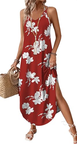 WIHOLL Shirt Dresses for Women 2026 Halter Dresses Vacation Casual Maxi Hawaiian Midi Dress V Neck Cruise Outfits for Women Floral Red Dress L