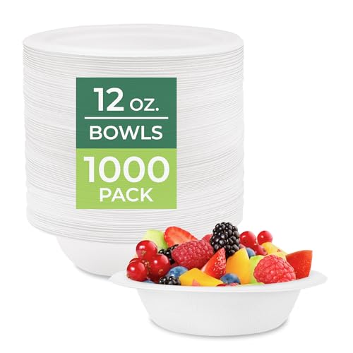 Image of Freshware Paper Bowls - Disposable 12 oz. Soup Bowl, 1000-Pack Biodegradable Sugarcane Fiber Serving Bowls - Heavy Duty Bagasse for Hot Food Plates - Microwave & Freezer Safe, Stackable Dinnerware