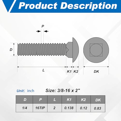 Image of Zonon 25 Sets 3 /8-16 x 2 Stainless Steel Carriage Bolts and Nuts Kit Round Head Square Neck Carriage Bolts Screws and Hex Nuts and Flat Washers, Stainless 18-8 Full Thread Coverage (Silver)