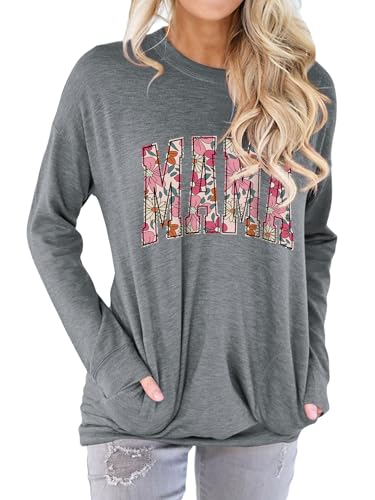 Dresswel Mama Sweatshirt Women Mama Graphic Crewneck Sweatshirts Mom Gift Shirt Casual Loose Long Sleeve Pullover Tops, Light Gray L