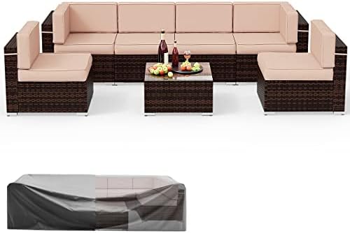 Amopatio Outdoor Patio Furniture Set 7 Pieces Patio Conversation Set Sectional Couch Sofa with All-Weather Cover, Glass Table & Thicken Cushion Fits Garden Yard Porch