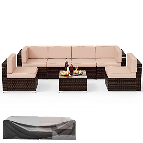 Amopatio Outdoor Patio Furniture Set 7 Pieces Patio Conversation Set Sectional Couch Sofa With All-Weather Cover, Glass Table & Thicken Cushion Fits Garden Yard Porch #TOP17