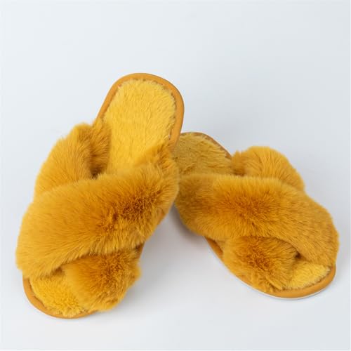 Image of Enteer Women's Slipper Memory Foam Cross Band Fuzzy Slippers Open Toe Cozy House Slippers Cozy Plush Bedroom Indoor Outdoor