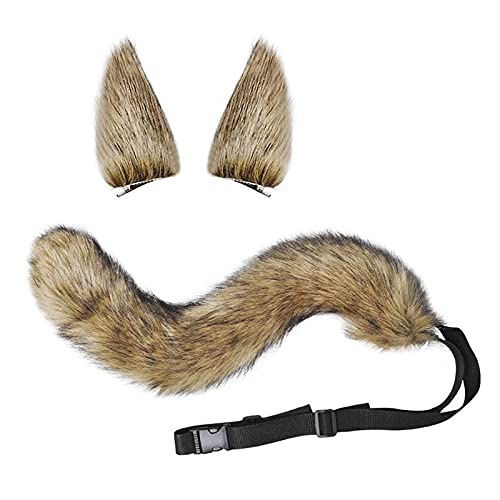 Cosplay Cat Ears & Tail Set, Faux Fur Animal Cat Fox Wolf Long Tail Ears Kit Halloween Costume Valentines Day Fancy Dress Up Accessories Sexy Cute Hair Clips Party Props for Girls Women (Khaki)