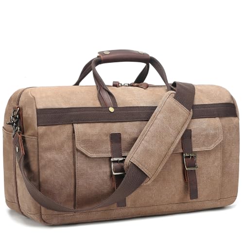 Image of Duffle Bag for Men Waterproof Genuine Leather Canvas Travel Duffel Bags for Women Overnight Weekender Bag for Traveling