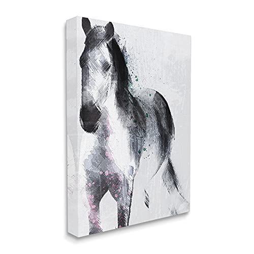 Stupell Industries Distressed Patch Line Wild Horse Portrait Black Pink, Designed by Jennifer Ellory Canvas Wall Art, 36 x 48, Grey