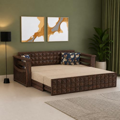 Image of Ganpati Arts Solid Sheesham Wood Diamond 3 Seater Sofa Cum Bed with Storage and Side Pockets for Living Room Wooden Furniture Sofa Bed for Home - Walnut Finish 1 Year Warranty, Beige, 3-Person Sofa