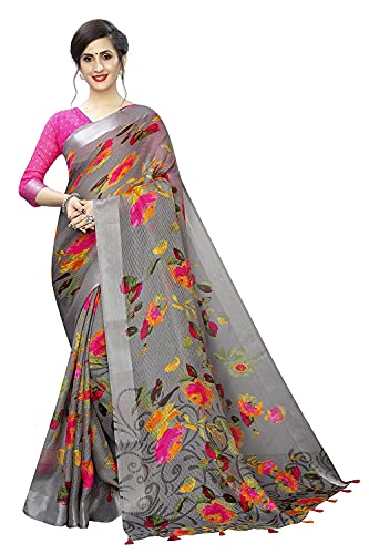 Sari en lin rose imprimé numérique Aashita Creations avec chemisier non cousu taille unique