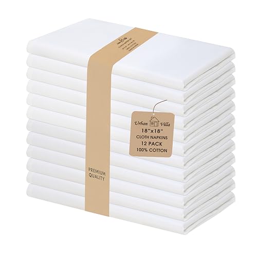 Urban Villa Cloth Napkins White Dinner Napkins Set of 12 (18X18 Inches) 100% Cotton Absorbent Washable Durable Reusable Ideal for Hotel Collection Farmhouse Party Thanksgiving Fall Dinner Napkins