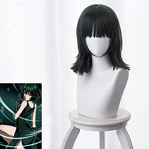 QWIFCMJF One Punch Man Wig Fubuki Cosplay Wig Women Heat Resistant Synthetic Hair Cos Wig 40Cm Short Navy Green Party