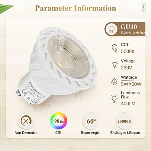 DiCUNO ProOE GU10 LED Bulb, CRI>98, 5W 400LM Spotlight, Daylight White 5000K, AC 100-240V, Equivalent for 50W Halogen Lamp, Not Dimmable, 60° Beam Angle, 6 Packs
