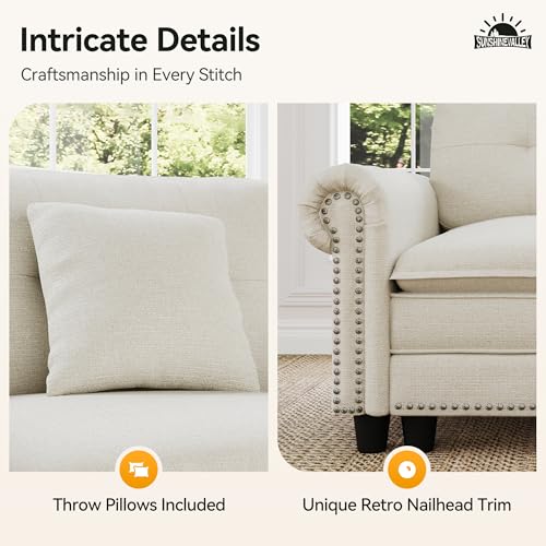 Image of SUNSHINE VALLEY 116.1 inch Modular Cloud Couch with Extra Wide & Deep Seats, Oversized 3-Seater Mid-Century Modern Couch with Nailhead Trim and Throw Pillows for Living Room, Linen Beige
