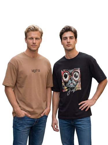 Image of BULLMER Trendy Front and Back Printed Oversized Round Neck T-Shirt for Men - Pack of 2