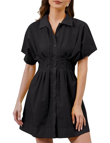 Image of Dsewpaur Women Summer Casual Short Sleeve Button Front Pleated Shirt Mni Dress Black