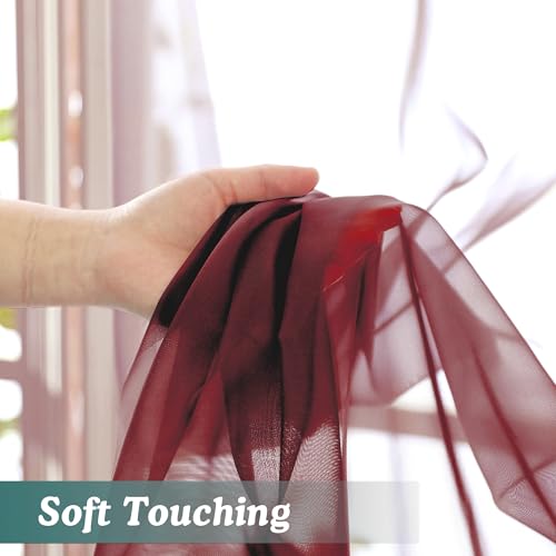 Image of Chyhomenyc Burgundy Sheer Valances for Windows - Light Filtering Small Kitchen Curtains, Rod Pocket Short Top Window Treatment Decor for Living Room Bathroom Basement, 42Wx16L inches, 2 Panels