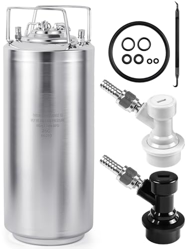 MRbrew New 5 Gallon Ball Lock Keg, Stainless Steel Corny Keg with Two Ball Lock Keg Fittings & Gasket Set, Double Ball Lock Post Beer Keg For Draft, Homebrew, Craft Beer, Cold Brew Keg for Party