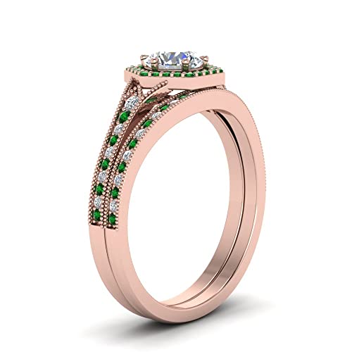 Image of Choose Your Gemstone Vintage Hexagon Halo Bridal Ring Set Rose Gold Plated Round Shape Wedding Ring Sets Matching Jewelry Wedding Jewelry Easy to Wear Gifts US Size 4 to 12