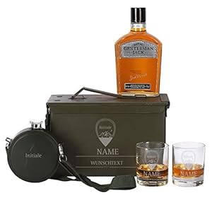 Herz & Heim® 5-tlg Jack Daniel’s Gentleman Jack Whiskey in US Army Munitionskiste mit 2 gravierten Whisky-Gläsern…