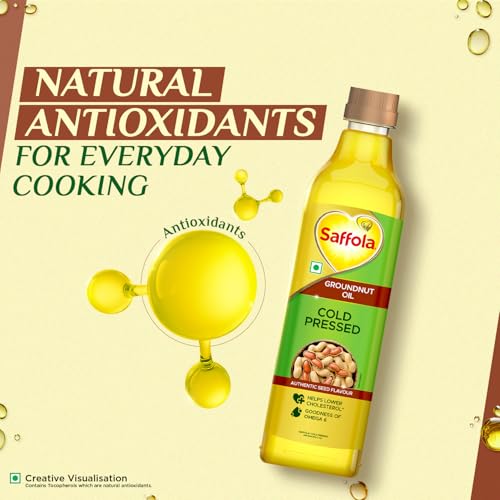 Image of Saffola Cold Pressed Groundnut Oil | 100% Cold Pressed Groundnut Oil | Unrefined, 0 trans fat, Chemical free | Helps Lower Cholesterol, Goodness of Omega 6 & Authentic Seed Flavour | 1L Pet Bottle