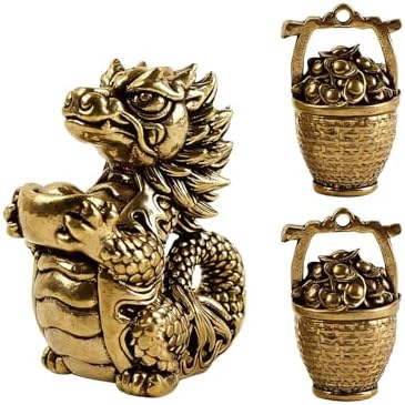 3PC New Vintage Brass Dragon Statue – Holding Golden Ingot Home Office Decorative Sculpture image 2