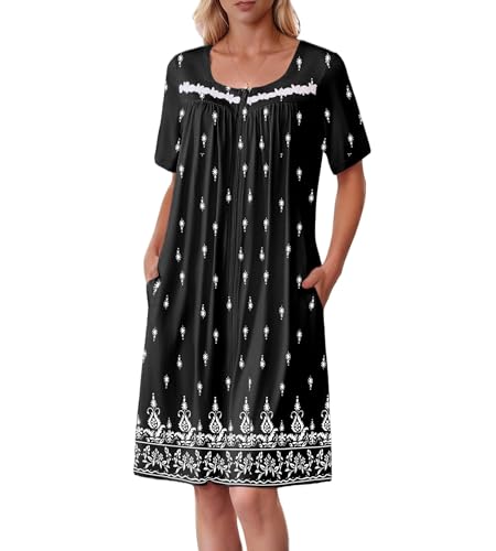 Image of Ekouaer Women Zipper Robe Short Sleeves House Coat Zipper Front Bathrobe Sleepwear with Pockets Housecoat Nightgown