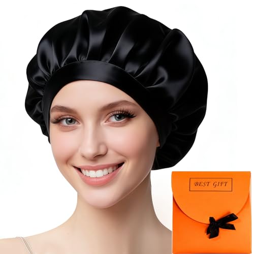 Bodiiwuliu Noir Bonnet en Soie pour Femme Respirant Réutilisable, Bonnet Soie Cheveux Nuit Reglable, Ajustable Élastique Antidérapant, Convient à la...