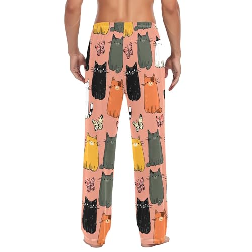 Men's Pajama Bottom Cats Butterflies Cartoon Cotton Pajama Pants Drawstring Sleepwear Long Pants Pockets3