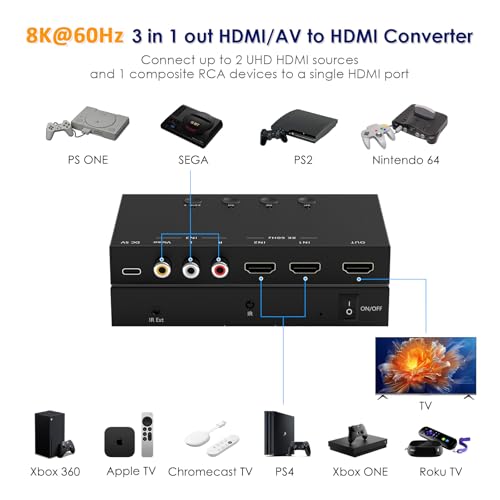 Image of 3-Port 8K@60Hz HDMI Switch with AV Input, 2X HDMI & 1x RCA to HDMI Converter Supports HDR10, HDCP 2.2, 3D with IR Remote Control, Compatible with Xbox /PS2 /Nintendo Switch,Xbox,PS5 /PS4,Roku,Apple TV