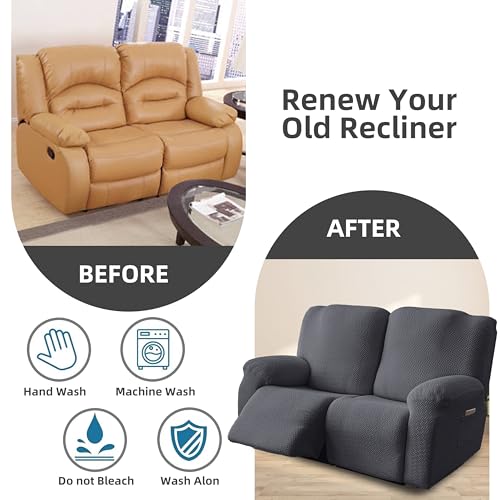 Image of Genina Recliner Loveseat Covers, Stretch Reclining Sofa Covers, 2 Seater Couch Cushion Stripe Jacquard Recliner Slipcovers - Furniture Protector Covers for Pet Kid (Dark Gray)