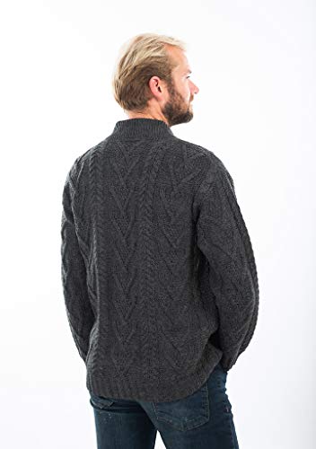 SAOL 100% Merino Wool Men's Zipper Cable Knit Winter Warm Cardigan Sweater with Pockets in Charcoal/Army Green4