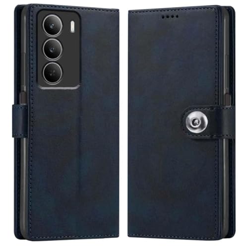 Image of Genuine Leather Inside Back TPU Wallet Button | Magnetic Stand Dual Layer Flip Cover Compatible for Realme RMX5108 / Realme P4x - Navy Blue