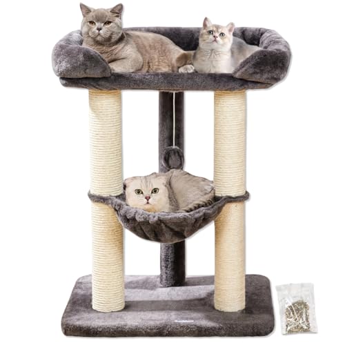 Happi N Pets 28" Cat Tree Tower for Indoor Cats, Tall Cat Scratching Post with Large Bed for Maine Coon Big Cats, Sisal Cat Scratcher with Soft Perch & Hammock, Stable Cat Stand, Removable Cover-Gray