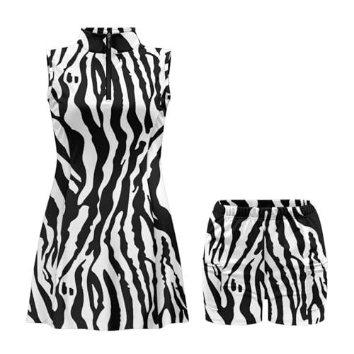Nxidvxne Womens Golf Dresss Polo Dress Slim Fit Tennis Top 3D Print Zebra Texture Black and White Stripe Pattern Sleeveless Athletic Dress Lightweight Activewear Ideal for Running Excercise Black