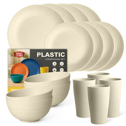 Teivio 16-Piece Kitchen Plastic Dinner Set, Service for 4, Dinner Plates, Dessert Plate, Cereal Bowls, Cups, Unbreakable Plastic Plates and Bowls Set, Outdoor Camping Dishes, Beige
