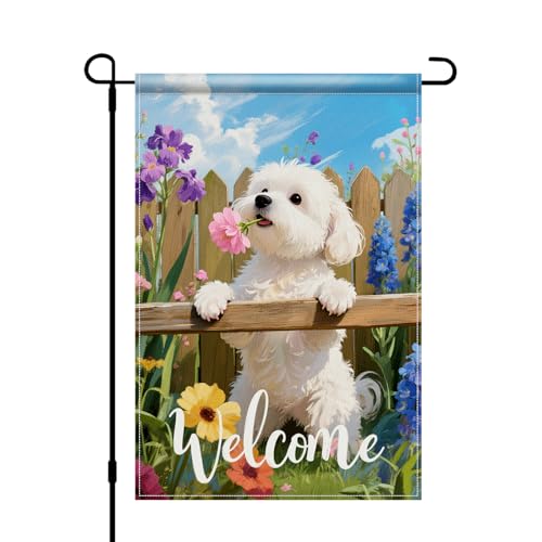 BlissYard Welcome Maltese Dog Flower Spring Garden Flag 12x18" Burlap